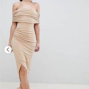 NWT ASOS Maternity Neutral Off the Shoulder Bodycon Midi Dress